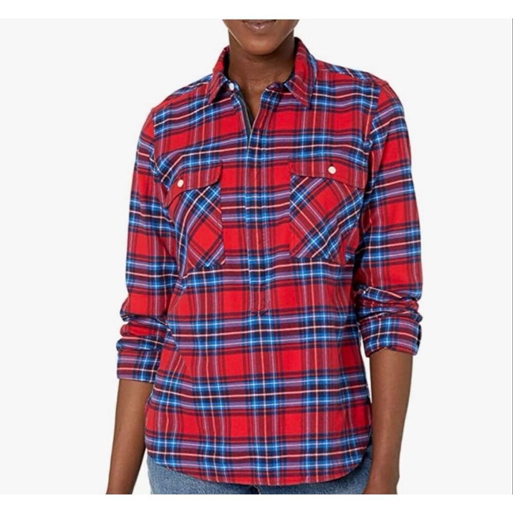 J. Crew Mercantile 100% cotton Red Blue Plaid Half Zip Flannel Shirt womens sz S